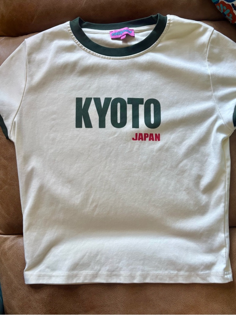 Edikted Cream White Kyoto Ringer Tee with Dark Green Trim - Never Worn, Size L